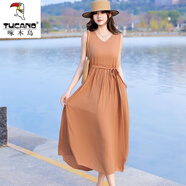 啄木鸟（TUCANO）新品法式棉绸连衣裙女2025夏季无袖背心裙感纯色海边度假沙滩长裙 焦糖 4XL (建议135-150斤左右)