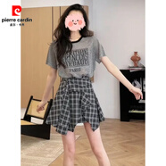 皮尔卡丹（pierre cardin）2026新款今年流行半身裙女新款韩版不规则开叉格子中长裙裤子 灰色上衣+短裙两件套 M