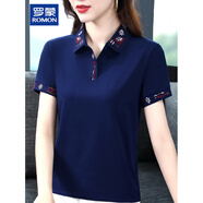 罗蒙（ROMON）品牌高端纯棉短袖T恤女夏季新款民族风妈妈上衣小众设计感体恤薄 宝蓝/高品质 M 【建议80-100斤】
