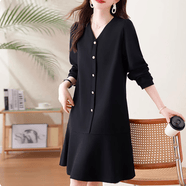 皮尔卡丹（pierre cardin）法式长袖连衣裙女士大码秋季2026新款女装洋气妈妈西装领裙子 黑色V领宽松鱼尾连衣裙 L 建议100-120斤