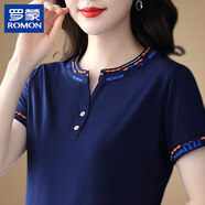 罗蒙（ROMON）品牌高端纯棉短袖T恤女夏季新款民族风妈妈上衣小众设计感体恤薄 宝蓝(高品质) 4XL 【建议140-155斤】