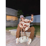 BEERBROBeerBro美式迷彩毛衣开衫外套女秋冬慵懒风欧美复古针织V领上衣 砂色圆领 M