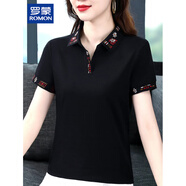 罗蒙（ROMON）品牌高端纯棉短袖T恤女夏季新款民族风妈妈上衣小众设计感体恤薄 黑色/高品质 M 【建议80-100斤】