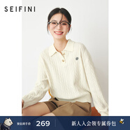 诗凡黎（‘S EIFINI）毛针织衫绵羊毛女绞花圆领开衫女2024春夏新款毛衣百搭基础 米白polo领 预售 155/80CM/S
