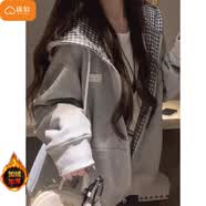 棉致复古拼接格子连帽外套女秋冬季新款休闲上衣慵懒开衫卫衣加绒 3080灰色【加绒高品质】 L 100-120斤