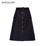 三石一澜SANCELAND三石一澜春季纯棉高腰A字半身裙收腰系带半裙 藏蓝 S S