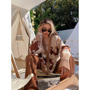 BEERBROBeerBro美式迷彩毛衣开衫外套女秋冬慵懒风欧美复古针织V领上衣 砂色开衫 L