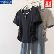 莫代尔胖mm大码女装蕾丝花边正肩T恤短袖女夏季显瘦新款褶皱收腰短上衣 黑色上衣 M 90-100斤