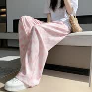 传祺威登韩版少女心粉色爱心扎染长裤夏季新款冰丝裤腿拖地裤通勤学生裤子 粉色 M