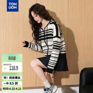 唐狮（TonLion）2026春秋新款减龄条纹双头拉链连帽针织开衫女外套高级感毛衣