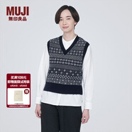 MUJI女式 美利奴羊毛 图案编织 V领背心 马甲针织衫休闲百搭 BA1ODA3A 藏青色图案 S（155/80A）