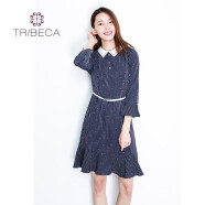 TRIBECA/翠贝卡新款时尚甜美长袖收腰中长款鱼尾裙 深兰 M