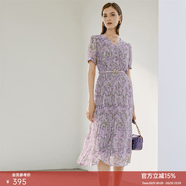 颜域（YANYEE）知性优雅V领印花连衣裙女士淑女裙中长款2026年夏季新款显瘦 紫花 XL/42