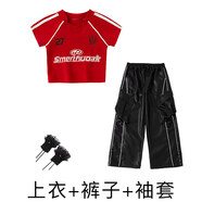 亲智（QINZHI）儿童爵士舞服装女童潮酷飒套装韩版时髦个性舞台演出服幼儿jazz街 A61红T+K28黑工装皮裤+黑蝴蝶结袖套 140
