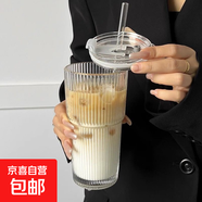 ins风高颜值竖纹玻璃杯大容量便携咖啡杯奶茶杯带盖吸管杯果汁杯 竖纹玻璃杯【含吸管+盖子】 600ml