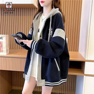 AEMAPE慵懒风中长款连帽外套女学生2026春秋薄款宽松休闲百搭棒球服外套 藏青色 L 115-140斤