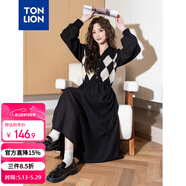 唐狮（TonLion）2024黑色v领拼接格纹连衣裙女复古针织格子裙气质长裙 黑色 S 