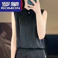 罗蒙（ROMON）真丝春夏季丝绸女装新款缎面圆领暗扣无袖衬衫纯色上衣T恤 经典黑 2XL