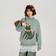 Girlyhalo美式复古动物提花圆领毛衣女秋冬宽松针织 浅绿色 M