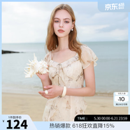 三彩2025夏季新款木耳边荷叶袖蝴蝶印花雪纺连衣裙大摆长裙M 杏色花卉 S 155/80A