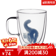 九土马克杯手工双层玻璃杯猫咪杯子办公咖啡杯女用猫杯艺术茶水杯 藍C