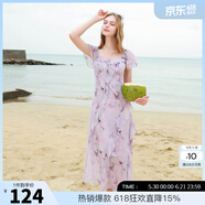 三彩2025夏季新款木耳边荷叶袖蝴蝶印花雪纺连衣裙大摆长裙M 淡紫色花卉 S 155/80A