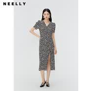 NEELLY纳俪商场同款夏季新款V领韩版碎花泡泡袖连衣裙女雪纺长裙 黑白 M