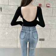 玟韵苼夏天晒背专用上衣三伏天晒太阳夏季晒后背露背装女内搭紧身长袖T 905黑色 S
