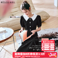 Olrain法式穿搭黑色娃娃领连衣裙女夏季收腰泡泡袖裙 第二批O57XL01653 M