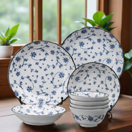 美浓烧（Mino Yaki）日本陶瓷餐具碗碟套装家用简约盘子碗组合中日式碗具 唐草8头套装 8头