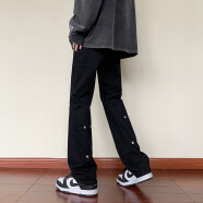 POUM 牛仔裤男欧美vibe高街修身小脚裤子工装机能排扣设计感小众潮牌 DDD-K603黑色 M