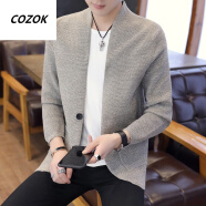 COZOK 2022新品春秋季男装衣服 条纹针织衫开衫青年毛衣 薄款立领外套 卡其色 4XL