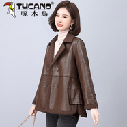 啄木鸟（TUCANO）皮衣女2026新款秋冬皮毛一体加绒加厚冬季保暖时尚洋气外套大口袋 卡其色 XL 穿112-124斤