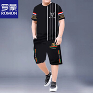 罗蒙（ROMON）夏季男装大码2026新款套装欧洲站T恤男士衣服上衣短袖休闲运动服 鹿头白色竖条双短套装 L  115-130斤