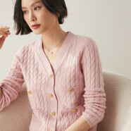 鄂尔羊绒世家V领100纯山羊绒开衫女士秋冬新加厚毛衣外套针织外搭 茱萸粉 L