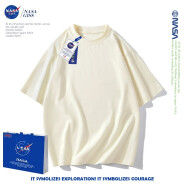 NASA GISS重磅260g纯棉短袖t恤男纯色圆领厚实不透纯白打底衫男女体恤上衣 奶白色 L体重130-150斤