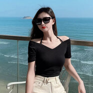 苜戈露肩短袖T恤女一字肩上衣打底衫黑色紧身心机棉吊带2023春夏 黑色(挂脖) L (100-110)喜欢宽松的拍大一码