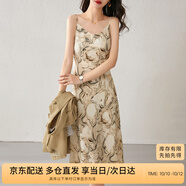 尚都比拉春秋法式印花吊带连衣裙气质女神范性感显瘦裙子 杏底花色 S 