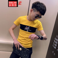 夏季小码修身短袖t恤男生网红社会精神小伙潮牌S码XS拼色半袖体恤 黄色 XS(加小码)