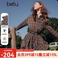 百图（betu）女装2026年春季新款连衣裙时髦格纹裙荷叶边裙子显瘦短裙2601T65 咖格 XS