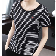 红粉宣言2021夏季新款T恤女短袖百搭条纹纯棉宽松大码上衣 黑色 4XL
