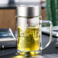 富光 双层玻璃杯商务泡茶杯子 大容量男女耐热办公水杯过滤水杯带把 320ML银色(WFB1004-320B)