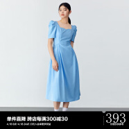 太平鸟春季新款设计感连衣裙收腰显瘦长款方领法式浪漫小白裙 蓝色 S