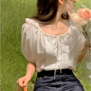 Radinka2024夏新款洋衬衫女短袖气质设计感高级镂空蕾丝显瘦上衣HLF 甜美拼接米白色 S