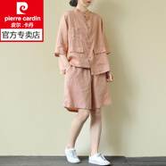皮尔卡丹（pierre cardin）夏季新款棉麻套装女宽松显瘦上衣休闲裤阔腿短裤亚麻两件套套装 粉色 2XL 建议140-160斤