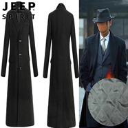JEEP风衣男超长款过膝毛呢子大衣青年男士韩版立领秋冬加棉保暖外套男 黑色西装领加棉 超长款 5XL 建议200左右