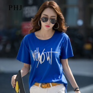 PHJ 短袖t恤女宽松夏季新款韩版显瘦体恤打底衫女士印花圆领上衣 蓝色 XL（135-150斤）
