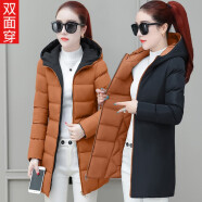 谷季狐棉服女中长款2020韩版新款修身码女装双面穿连帽加厚女士棉衣面包服外套女 焦糖色 XL（105-115斤）