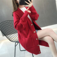LANWEIFEILEI秋冬季针织开衫中长款宽松毛衣外套女新款加厚韩版针织衫外套 红色 S（80-100斤）