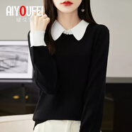 瑷优霏（aiyoufei）新款洋气娃娃领针织衫女春秋外穿宽松时尚毛衣女士上衣内搭打底衫 白领黑色 XXXL建议135-145斤左右